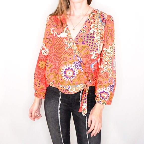 J. CREW Cotton Wrap Paisley Top Red Long Sleeve - Picture 5 of 7